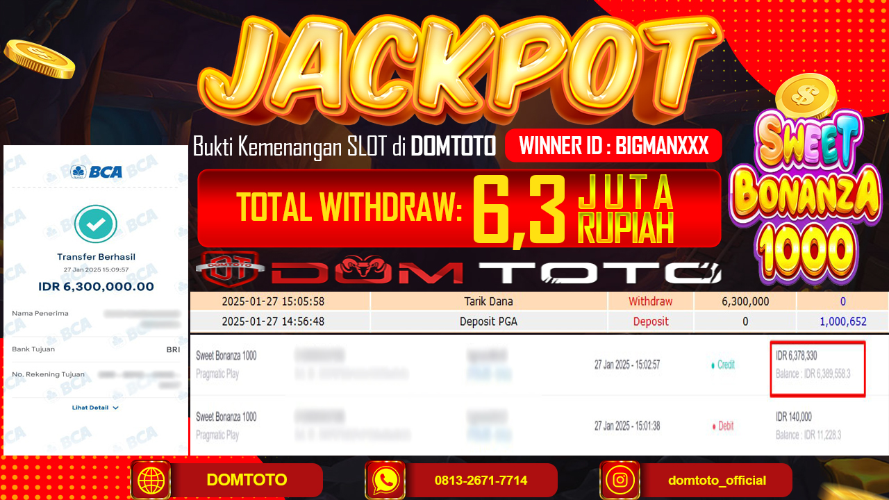 JACKPOT SLOT SWEET BONANZA 1000 27  JANUARI 2025